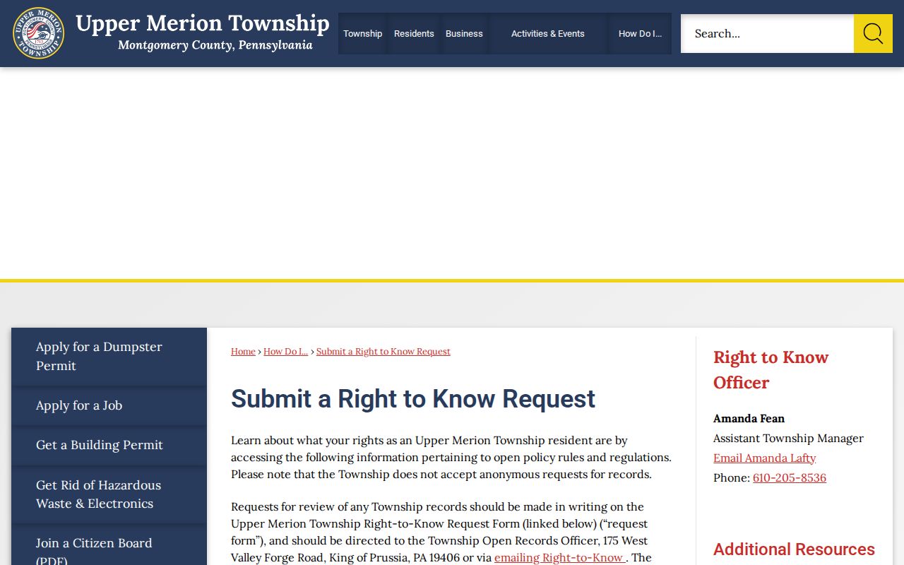 Upper Merion Township neighbors lookup Right-to-Know request route