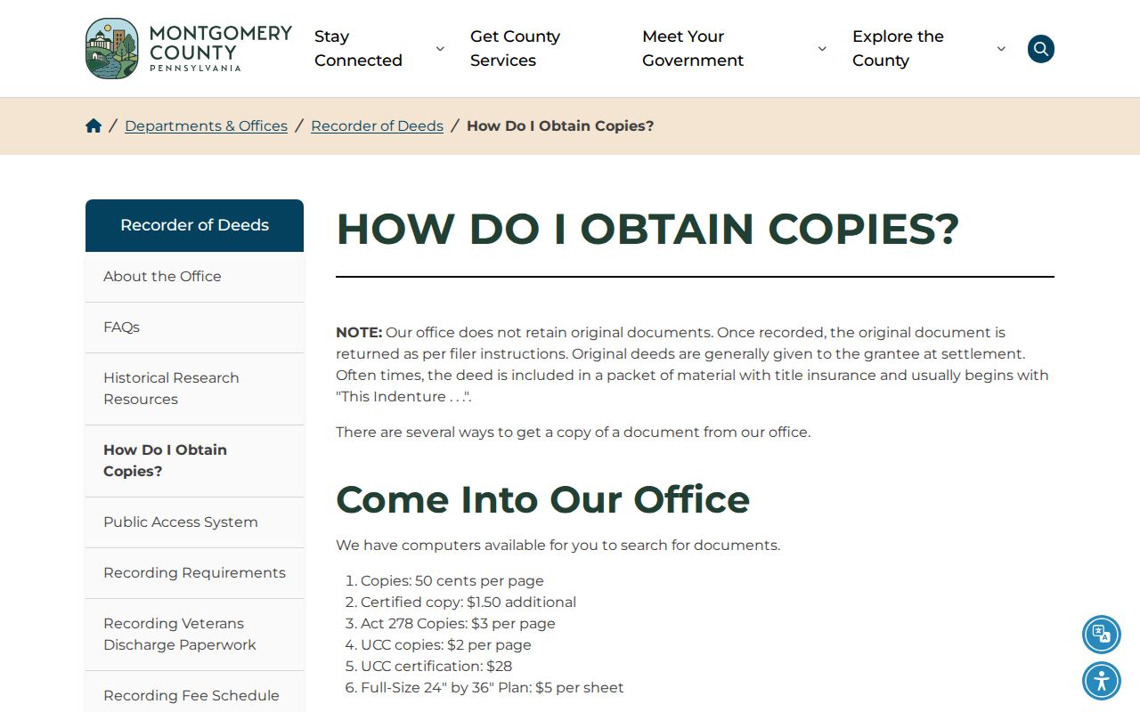Upper Merion Township previous residents Recorder deed copy procedures